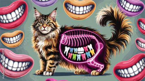 Surreal cat anatomy illustration with glowing skeleton and colorful teeth surrounded by smiling dentures in whimsical pop art style