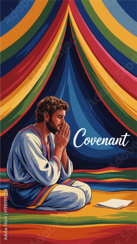 Praying biblical man under colorful tent with covenant lettering, spiritual faith illustration for religion, worship, prayer and devotion