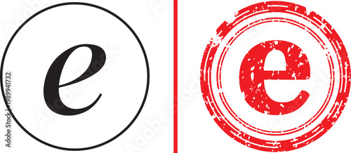 Lowercase letter e logo set with minimalist black circle and red distressed grunge stamp vector illustration