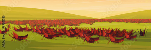 Swarm of red grasshoppers across green prairie landscape with rolling hills and warm sky, surreal vector illustration