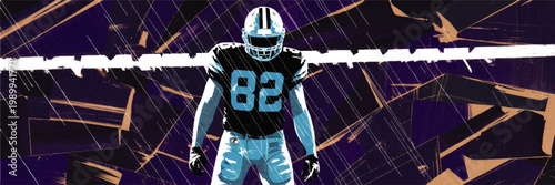 Dramatic American football player in rain, bold grunge sports illustration with black uniform, blue accents and abstract stadium