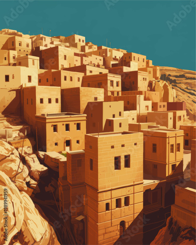 Stylized desert hillside village with stacked sandstone houses, traditional Middle Eastern architecture, and vivid blue sky