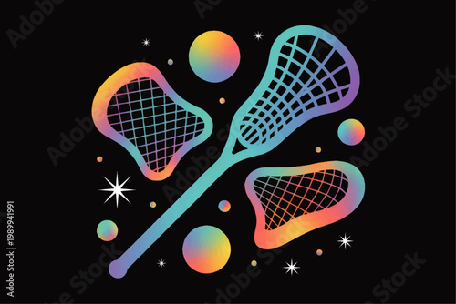 Holographic lacrosse sticks and heads with rainbow gradient spheres and stars on black cosmic background vector illustration