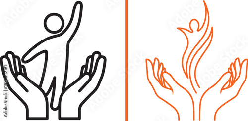 Human care and empowerment vector icon set with hands holding a person and stylized flame figure for charity and support