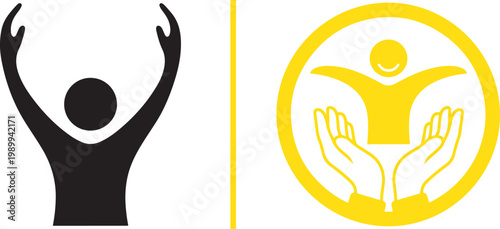 Human silhouette with raised arms and person supported by hands vector icons for social care and community support concepts