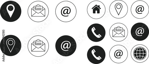 Business Contact Information Icon Set Featuring Location Pin Email Envelope Phone and Web Symbols in Circle Frames for Professional Corporate Identity Design