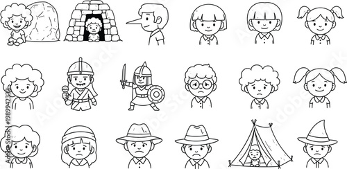 Diverse Cartoon Character Avatar Set Featuring Kids Historical Figures and Fantasy Roles in Hand Drawn Line Art Style for Children Storytelling and Gaming Design
