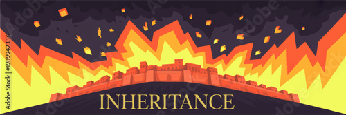 Inheritance concept illustration with fortified city in flames, dramatic explosion, dark smoke, disaster symbolism, legal conflict