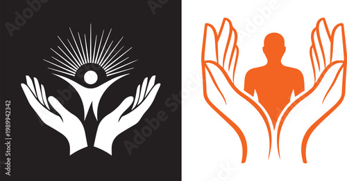 Vector icons of hands protecting a human figure representing care support and community service for charity and healthcare branding