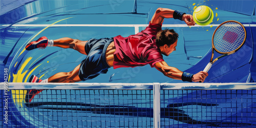 Dynamic tennis player diving for a powerful volley on blue court, vibrant sports illustration with motion, racket and ball