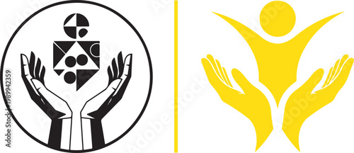 Vector illustration of hands cupping a human figure for charity and community support logos