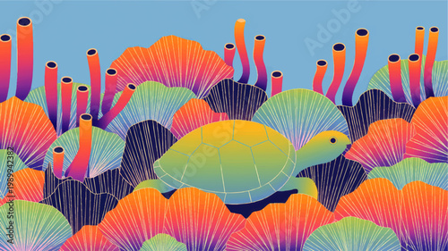 Colorful Sea Turtle Swimming Through Vibrant Coral Reef Illustration with Tropical Marine Life and Bright Underwater Ocean Scene