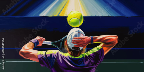 Dynamic Tennis Serve Illustration from Behind Player with Racket and Ball Under Stadium Lights on Blue Court