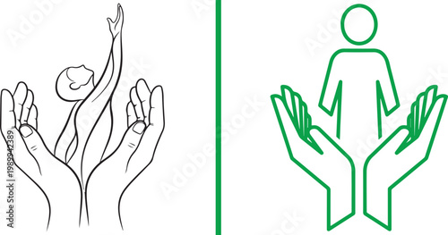 Hands holding human figure vector illustration set representing care protection and social support icons for charity and insurance