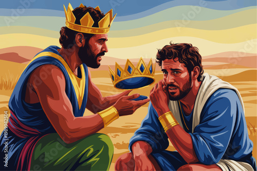 Biblical king offering crown to troubled man in desert, dramatic royal leadership and humility illustration