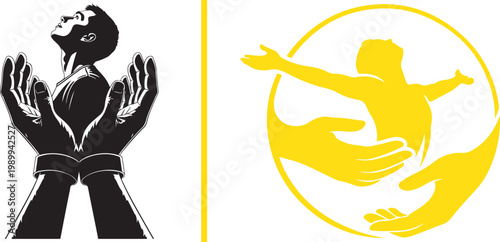 Vector illustration of a man being supported and protected by large hands symbolizing care and hope