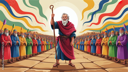 Moses Leading the Israelites Through the Wilderness, Biblical Exodus Scene with Colorful Robes, Staff, Crowd, and Divine Light