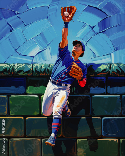 Dynamic baseball outfielder leaping for catch in stadium stands, vibrant sports illustration with dramatic motion and blue sky