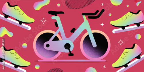 Colorful cycling and football concept illustration with gradient bicycle, soccer cleats, pink background, sporty modern design