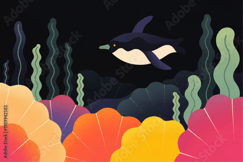 Colorful underwater illustration of penguin swimming above coral reef and seaweed in dark ocean, whimsical marine wildlife scene