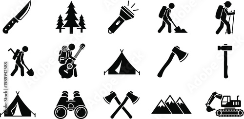 Outdoor Camping and Hiking Adventure Icon Vector Set Featuring Tent Backpacking Tools Forest and Mountain Symbols for Wilderness Survival Graphic Design