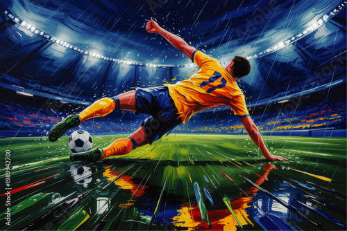 Dynamic soccer player sliding on wet stadium field in heavy rain under bright arena lights, dramatic sports action illustration