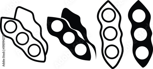 Black and White Vector Illustration of Soybean Pods, Minimalist Pea Silhouette Set and Web Icon Clipart Symbol Collection for Organic Food Decorative Designs