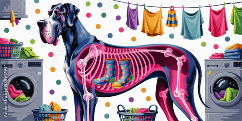 Great Dane laundry anatomy illustration with skeleton and rubber boots in colorful laundromat scene with clotheslines