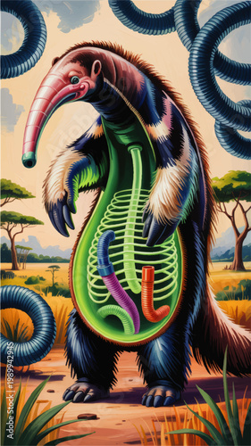Surreal anteater anatomy illustration with exposed lungs and tubes in African savanna, colorful futuristic wildlife concept art