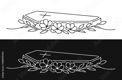 Closed coffin with flowers and foliage, traditional Christian burial concept, isolated on contrasting backgrounds