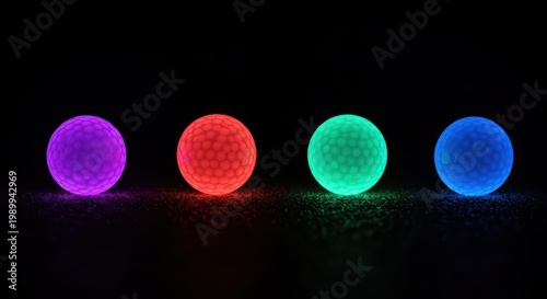 Collection of futuristic glowing golf balls emitting vibrant neon colors, perfect for exciting night sports and novelty game play, blue, equipment, fun