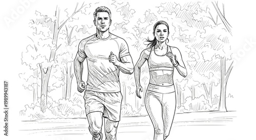Running man and woman. Charcoal sketches of athletic looking male and female runners running. JPEG version.