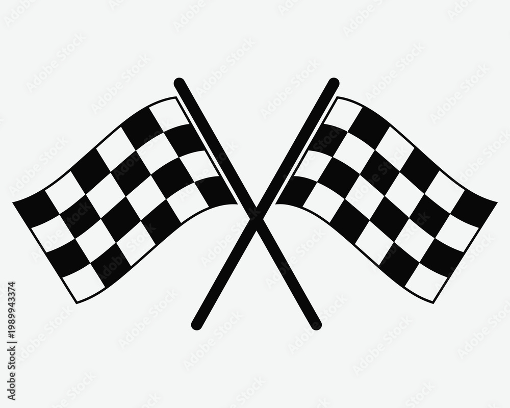 Fototapeta premium Two crossed black and white checkered racing flags on a light gray background