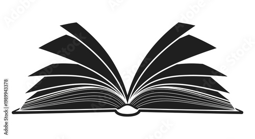 An open book with pages fanned out depicted in a stark black silhouette