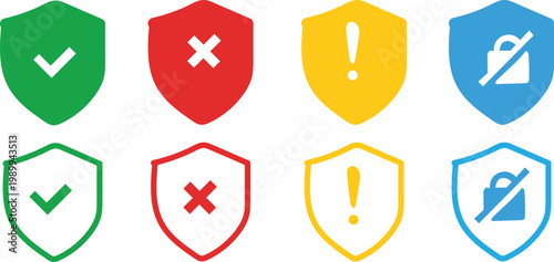 Black Security Shield Icons Set - Checkmark, Cross, Exclamation, and Locked Symbols - Data Protection Line Art and Glyph Silhouettes - Professional Web Safety UI Icons