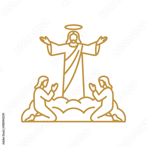 Minimalist gold line art of Jesus Christ ascending to heaven with praying angels