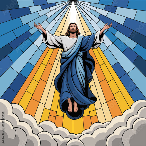 Colorful stained glass illustration of Jesus Christ ascending to heaven among clouds