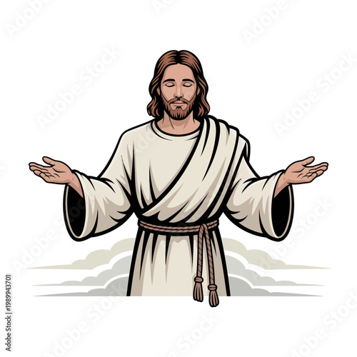 Cartoon illustration of Jesus Christ with open arms emerging from clouds isolated on white