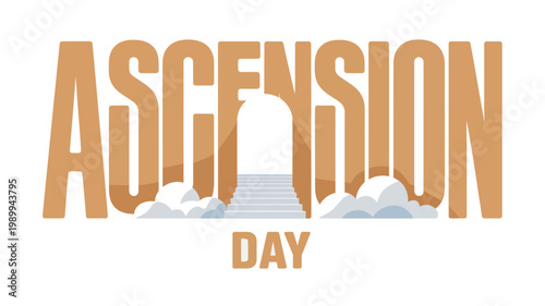 Vintage 3D Ascension Day typography with symbolic stairway to heaven and clouds