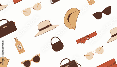 Seamless Fashion Pattern Featuring Stylish Accessories like Hats, Sunglasses, Bags, and Belts in an Elegant Arrangement on a White Background