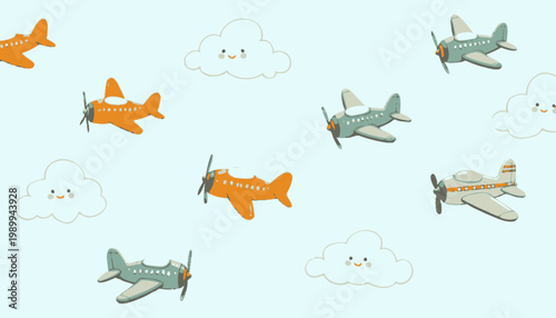 Whimsical Cartoon Airplanes and Happy Clouds Pattern on Light Blue Background