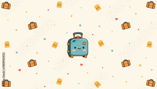Adorable Cartoon Suitcases in a Playful Pattern with Smiling Faces and Stars on a Light Background