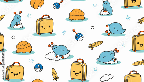 Playful Cartoon Pattern with Cute Blue Birds, Happy Suitcases, and Adorable Clouds on a Fun and Lighthearted Background for Kids
