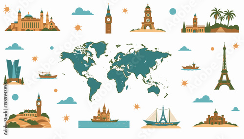 Artistic Illustration of Global Landmarks with a Stylized World Map Emphasizing Cultural Monuments and Iconic Structures Across Different Continents