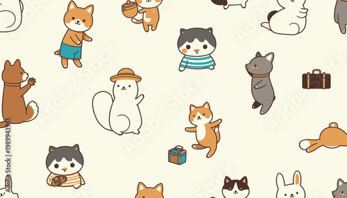 Adorable Cartoon Cats and Dogs with Playful Expressions and Accessories on a Beige Background