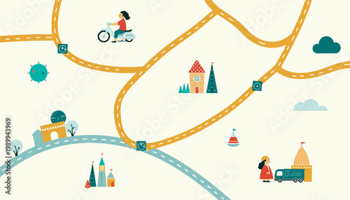 Whimsical Illustration of Urban and Countryside Life Featuring a Motorcyclist and Traveler on a Road Map with Charming Houses and Playful Elements