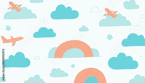 Colorful Cartoon Airplanes Soaring Among Rainbow-Streaked Clouds in a Whimsical Sky