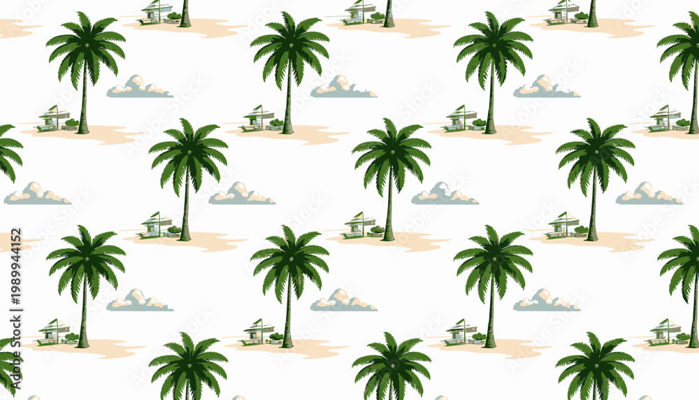 Fototapeta premium Seamless Tropical Beach Pattern with Palm Trees and Ocean Huts Under a Bright Sky with Fluffy Clouds on Sandy Shores