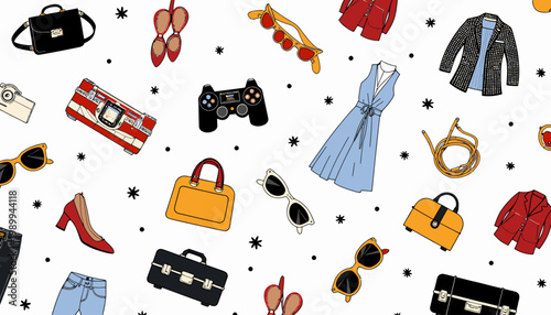 Vibrant Fashion and Lifestyle Print Featuring Modern Accessories and Classic Apparel Elements