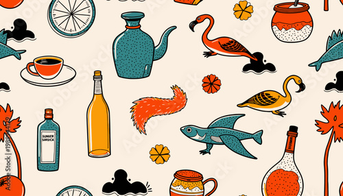 Aesthetic Pattern Featuring Varied Teal and Orange Illustrations of Animals, Drinkware, and Decorative Elements on Neutral Background